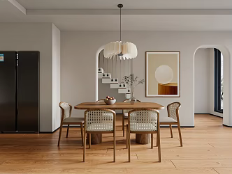 Qui Ji Restaurant Home Restaurant Dining Table and Chair Hanging Painting Chandelier 3d model