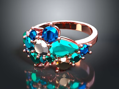 Rose Gold Ring With Blue And Green Gemstones For Fashion Jewelry 3d model
