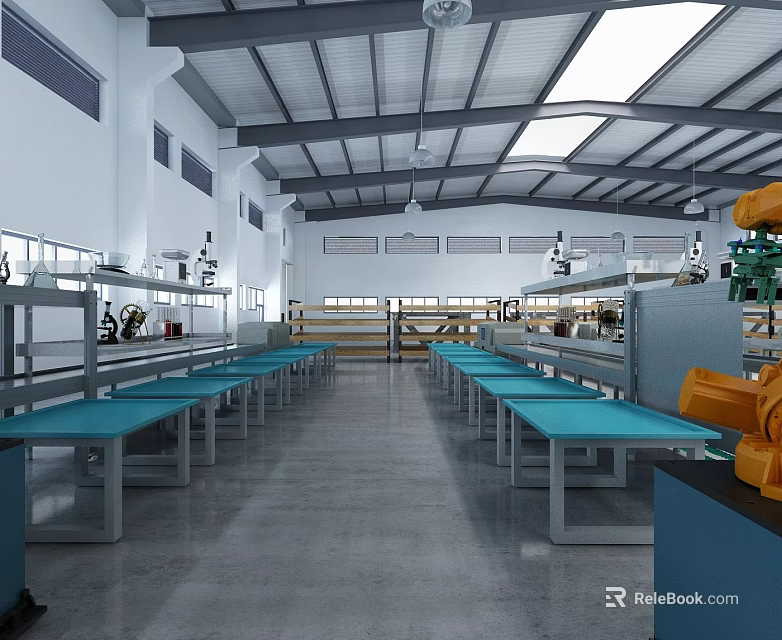 Spacious Manufacturing Workshop With Blue Workbenches Industrial Machinery And Metal Ceiling 3d model 