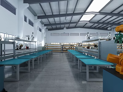 Spacious Manufacturing Workshop With Blue Workbenches Industrial Machinery And Metal Ceiling 3d model