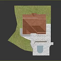 Cartoon Scene of House with Red Roof White Walls Swimming Pool Lawn and Patio Area
