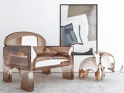 Brown Acrylic Lounge Chair With Elephant Decorations And Abstract Painting In Modern Interior 3d model