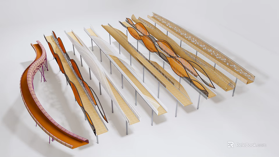 Modern Landscape Bridge Designs With Curved Lines And Metal Supports 3d model 