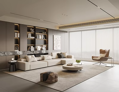 Elegant Modern Living Room Interior With Beige Sofa Brown Armchair And Round Coffee Table 3d model