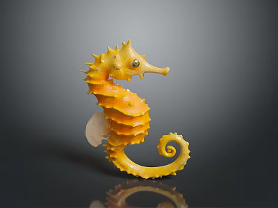 Yellow Seahorse Aquatic Animal with Spiral Tail and Textured Body on Dark Background 3d model