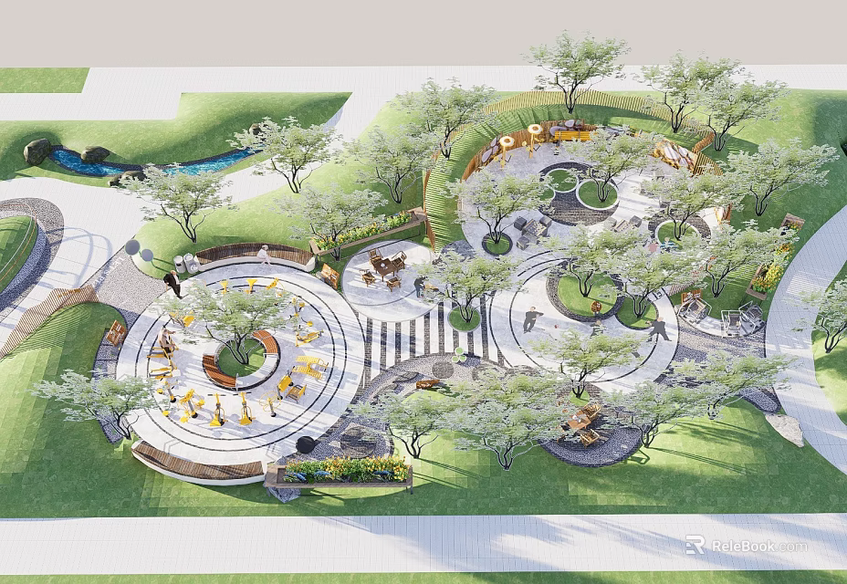 Park Landscape with Circular Plazas Lush Trees Walking Paths Green Lawns and Seating Areas 3d model 
