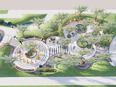 Park Landscape with Circular Plazas Lush Trees Walking Paths Green Lawns and Seating Areas 3d model