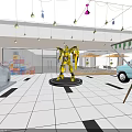 Shopping Mall Lobby With Yellow Robot Statue Light Blue Vehicle And Colorful Pendant Lights
