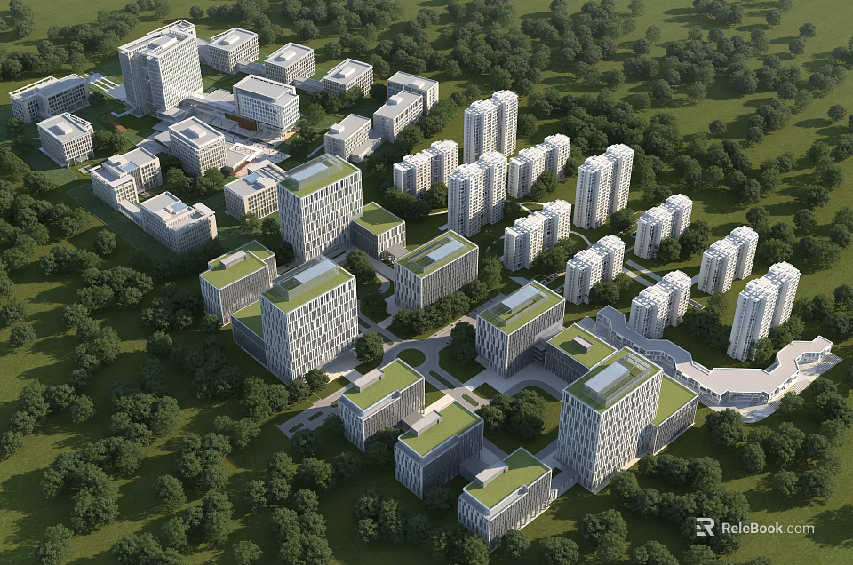 Birds Eye View Planning for Modern Urban Layout With Green Roof Buildings and Trees 3d model 