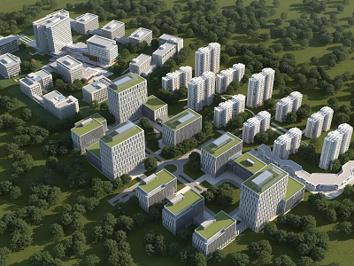 Birds Eye View Planning for Modern Urban Layout With Green Roof Buildings and Trees 3d model