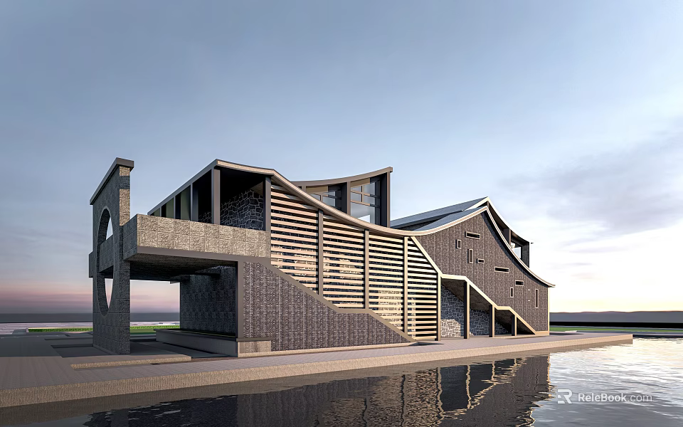 Modern Post House Waterfront Architecture With Lattice Structure Sloped Roof Terrace And Water Reflection 3d model 