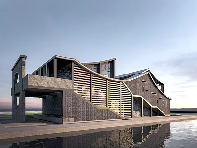 Modern Post House Waterfront Architecture With Lattice Structure Sloped Roof Terrace And Water Reflection 3d model