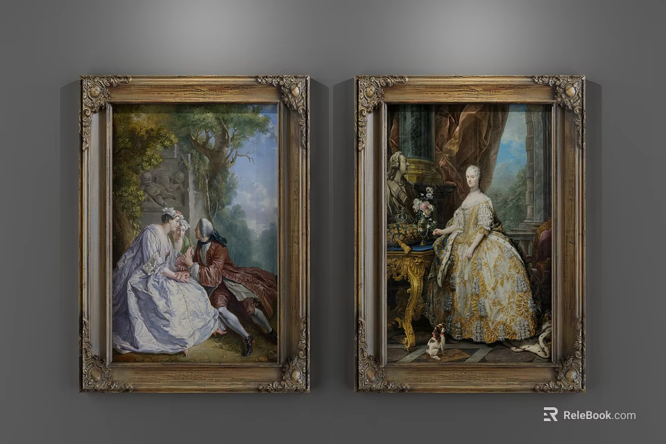 Classical Oil Paintings With Golden Frames Elegant Ladies Classical Figures And Indoor Outdoor Settings 3d model 