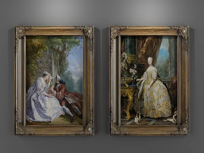 Classical Oil Paintings With Golden Frames Elegant Ladies Classical Figures And Indoor Outdoor Settings 3d model