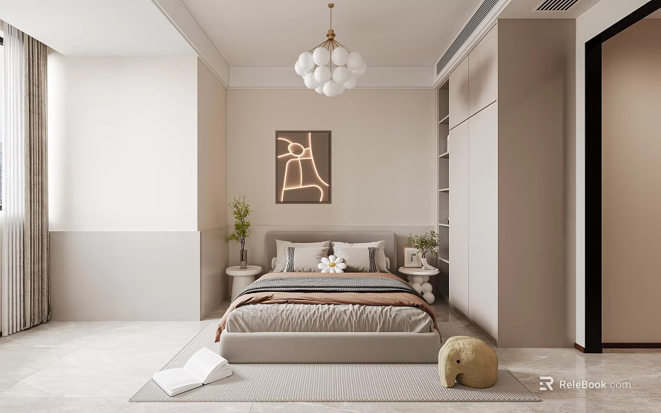 Modern Bedroom Interior With White Globe Chandelier Bed Abstract Art And Nightstand 3d model 