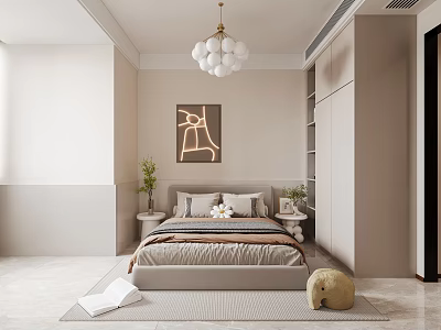 Modern Bedroom Interior With White Globe Chandelier Bed Abstract Art And Nightstand 3d model
