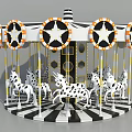 Black And White Striped Carousel With Star Decorations And Horses As Children's Play Equipment