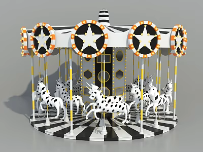 Black And White Striped Carousel With Star Decorations And Horses As Children's Play Equipment 3d model
