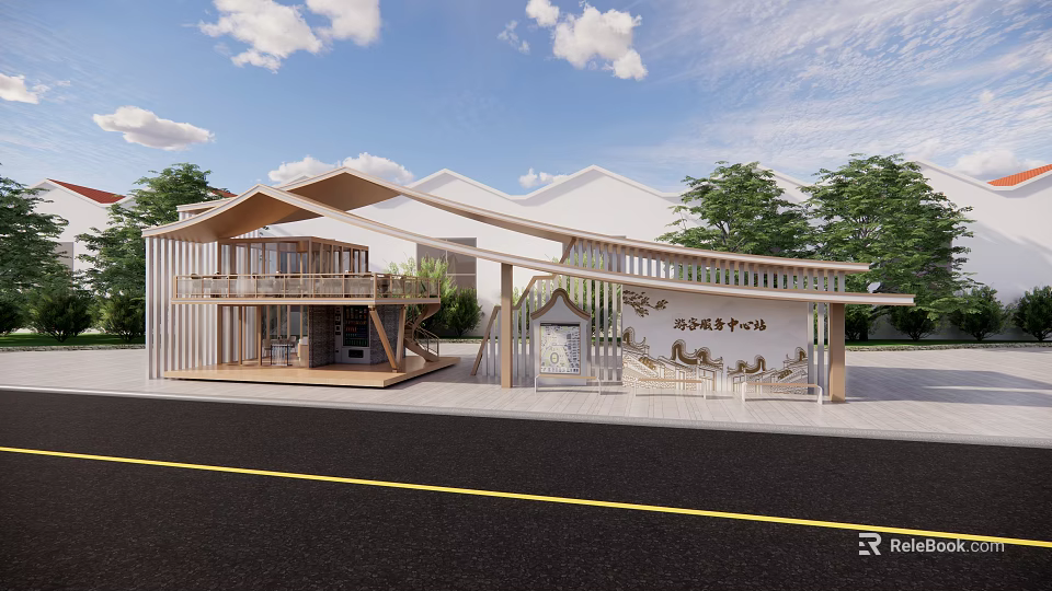 Modern Visitor Center Station With Wooden Structure White Exterior And Trees Around 3d model 