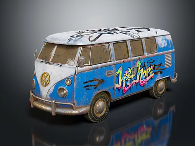 Vintage VW Bus With Blue White Exterior And Colorful Graffiti Art Design 3d model