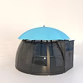 Transparent Glass Dome Structure With Blue Umbrella Shaped Top And Glass Panels