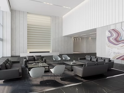 Modern Front Desk Reception Area Interior With Gray Sofas Coffee Tables Artwork And Marble Flooring 3d model