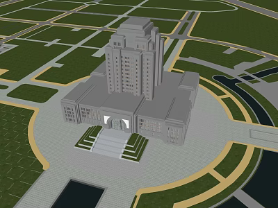 Symmetrical Multi Story Office Building With Central Plaza And Landscaped Greenery 3d model