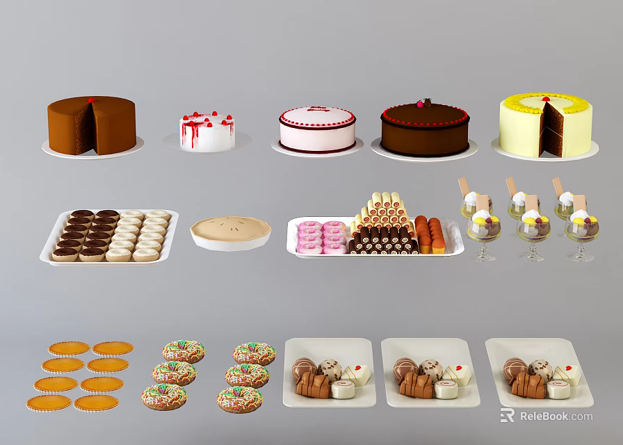 Assorted Sweet Desserts With Chocolate Cakes Cream Cookies And Small Pastries 3d model 