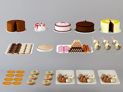 Assorted Sweet Desserts With Chocolate Cakes Cream Cookies And Small Pastries 3d model Assorted Sweet Desserts With Chocolate Cakes Cream Cookies And Small Pastries 3d model