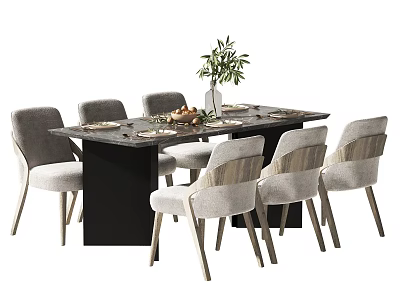 Modern Dining Table Set with Chairs Vase Green Plants and Fruits 3d model