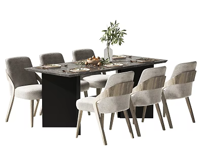 Modern Dining Table Set with Chairs Vase Green Plants and Fruits 3d model