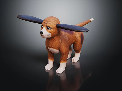 Cute Brown and White Toy Dog with Large Black Ears Standing on Black Background 3d model