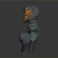 Female Wearing Futuristic Blue And Orange Mechanical Armor With Worn Metallic Texture