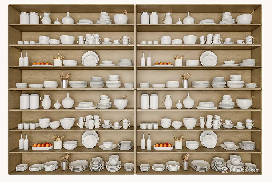 White Ceramic Dinnerware Set With Bowls Plates Cups And Vases Arranged On Wooden Shelves 3d model 
