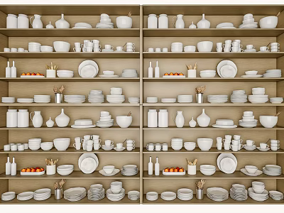 White Ceramic Dinnerware Set With Bowls Plates Cups And Vases Arranged On Wooden Shelves 3d model