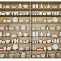 White Ceramic Dinnerware Set With Bowls Plates Cups And Vases Arranged On Wooden Shelves