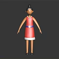 3D Female Character Model Wearing Red Dress With White Hem Blue Belt And Black Bun Hairstyle