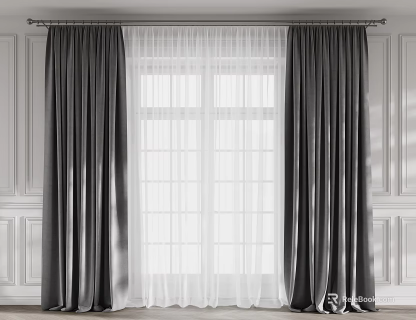 Gray Curtains With White Sheer Panels For Bright Window In Elegant Room 3d model 