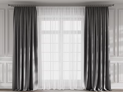 Gray Curtains With White Sheer Panels For Bright Window In Elegant Room 3d model