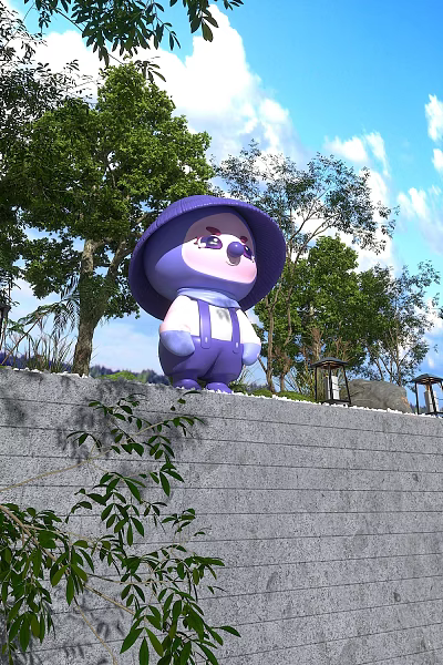 Purple Cartoon Character With Hat And Overalls Standing On Stone Wall Near Trees And Lanterns 3d model