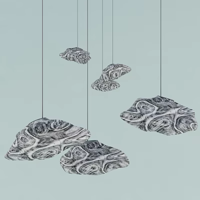 Black and White Cloud Like Pendant Lights with Intricate Texture Against Light Blue Background 3d model