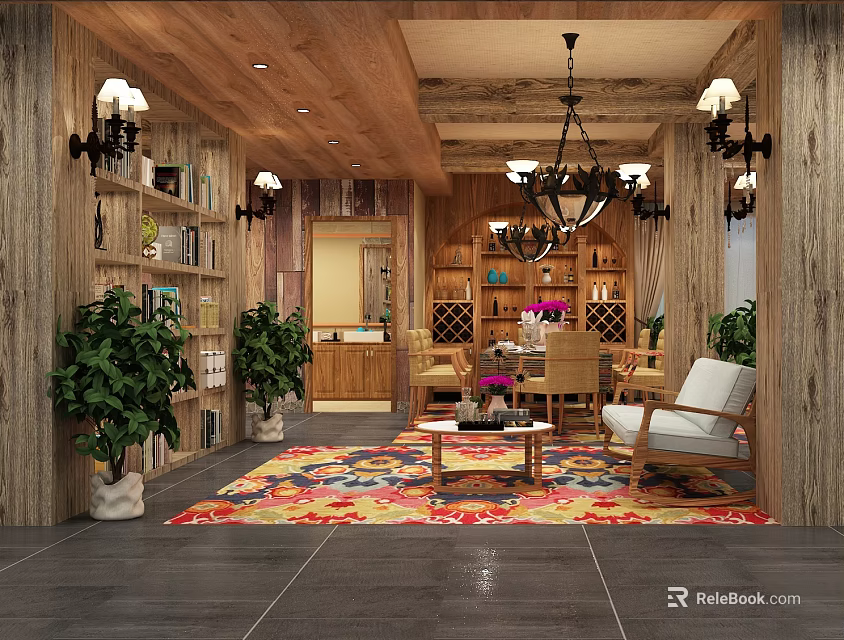 Cozy Rustic Living Room With Wooden Walls Ceiling Bookshelves Chandelier Colorful Rug And Green Plants 3d model 