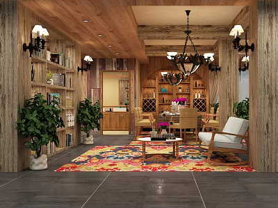 Cozy Rustic Living Room With Wooden Walls Ceiling Bookshelves Chandelier Colorful Rug And Green Plants 3d model