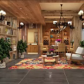 Cozy Rustic Living Room With Wooden Walls Ceiling Bookshelves Chandelier Colorful Rug And Green Plants