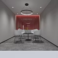 Modern Lounge Area With White Chairs Round Table Red Accent Wall Chandelier And Gray Carpet