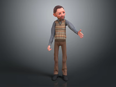 3D Male Character in Striped Vest Long Sleeve Shirt Brown Pants with Outstretched Hand on Gray Background 3d model