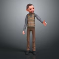 3D Male Character in Striped Vest Long Sleeve Shirt Brown Pants with Outstretched Hand on Gray Background