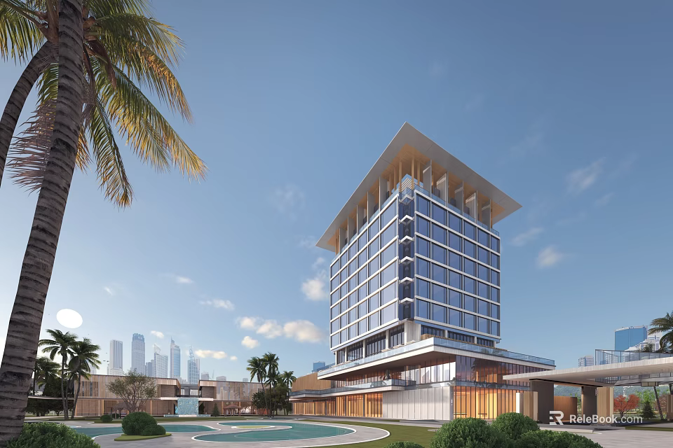 Modern High Rise Building With Palm Trees Swimming Pool And City Skyline 3d model 