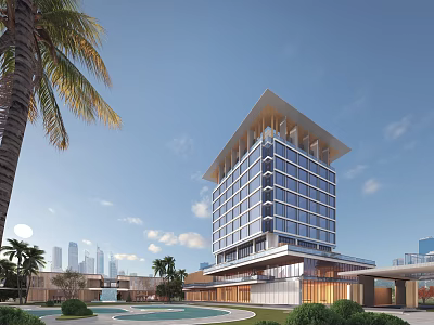 Modern High Rise Building With Palm Trees Swimming Pool And City Skyline 3d model