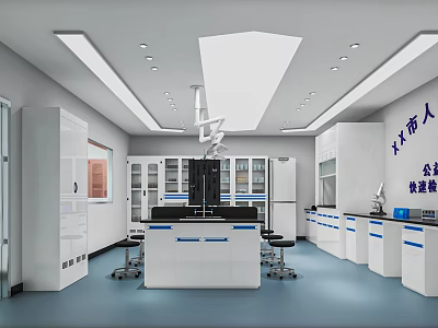 Modern Laboratory Interior with White Benches Blue Countertops Storage Cabinets and Blue Flooring 3d model